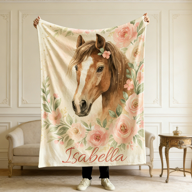Personalized Watercolor Horse Girl Throw Blanket Gift for Riding Lovers Equestrian Lovers