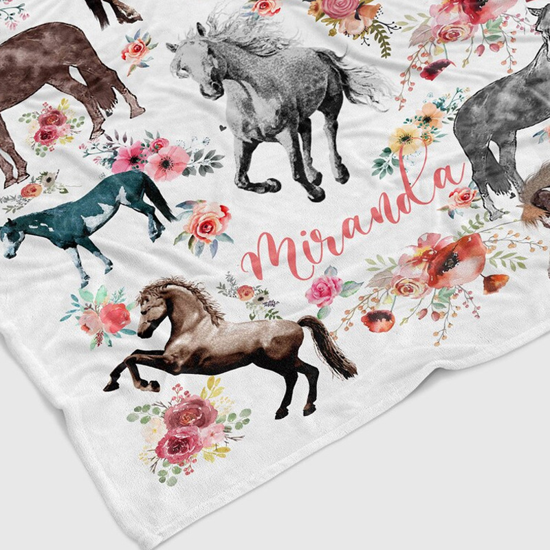 Personalized Flower Horses Throw Blanket Gift for Riding Lovers Equestrian Lovers