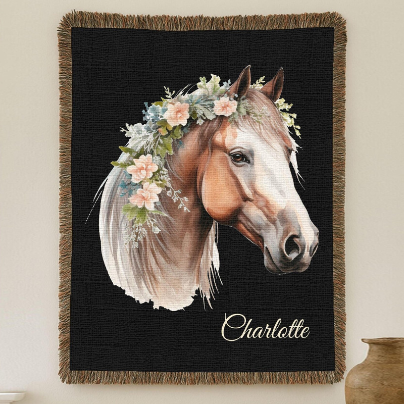 Personalized Horse Woven Blanket with Floral Crown for Equestrian Riding Lovers