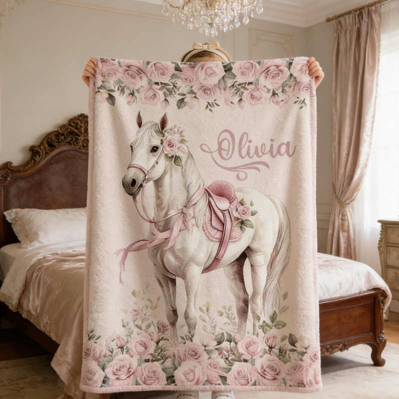 Personalized Pink Rose Floral Baby Throw Blanket Gift for Riding Lovers Equestrian Lovers