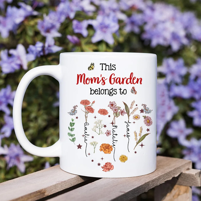 Personalized This is Garden Belongs to Heart Birth Flowers 11 oz Ceramic Mug with 1-12 Names Birthday Mother's Day Gift for Mom Grandma