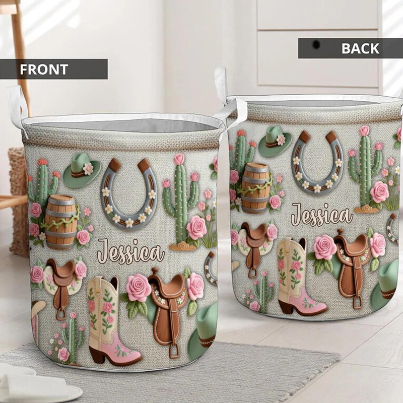Personalized Cowgirl Hat Boots Horseshoes Accessories Organizer Basket Waterproof Laundry Basket with Handle and Name Bedroom Laundry Room Birthday Gift for Equestrian Lovers