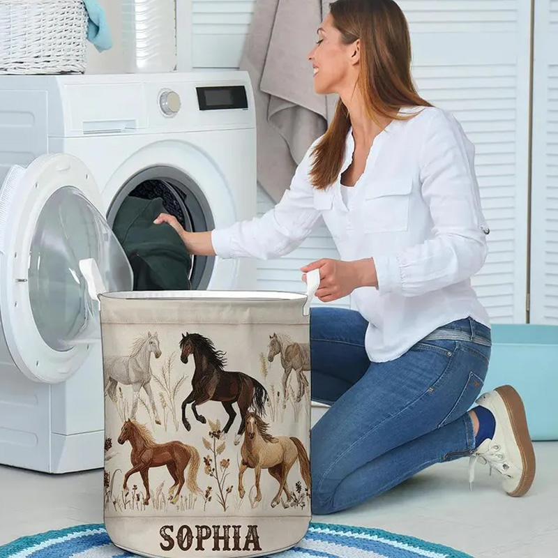 Personalized Beautiful Horses Organizer Basket Waterproof Laundry Basket with Handle and Name Bedroom Laundry Room Birthday Gift for Equestrian Lovers