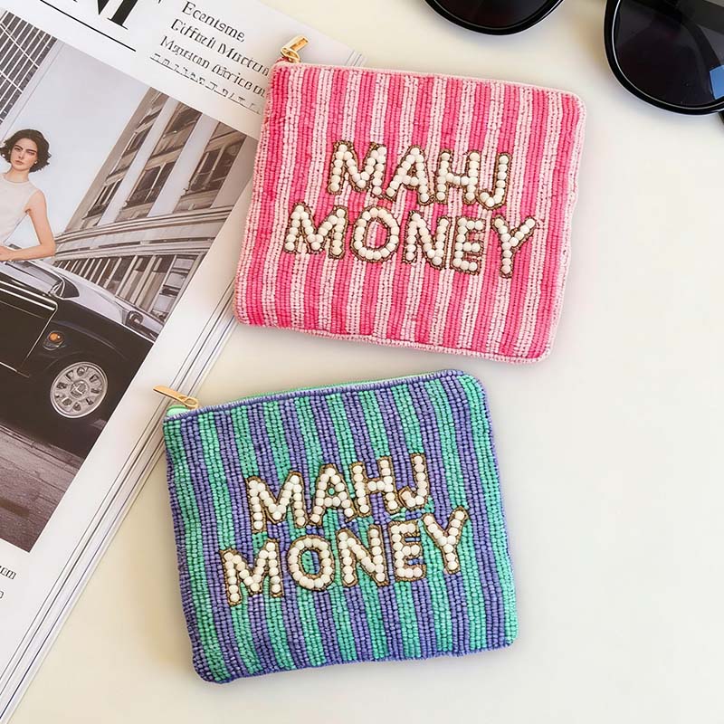 Mahjong Money Beaded Pouch Pink Seed Bead Coin Purse Mahjong Gift Accessory