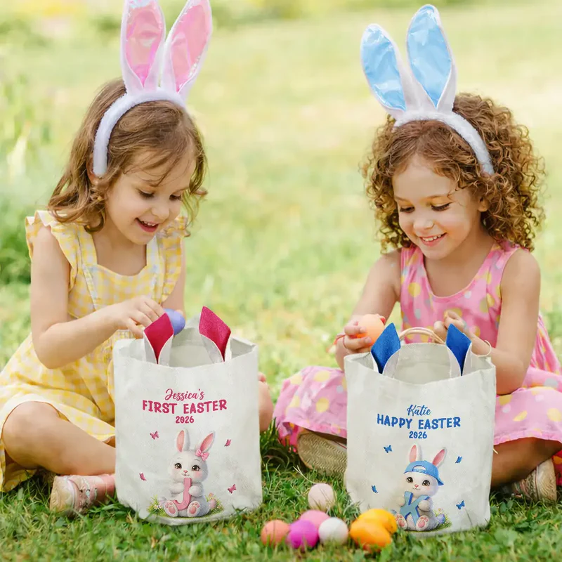 Personalized Easter Bunny Holding Alphabet Letter Bunny Ears Bucket Bag Easter Gift for Kids