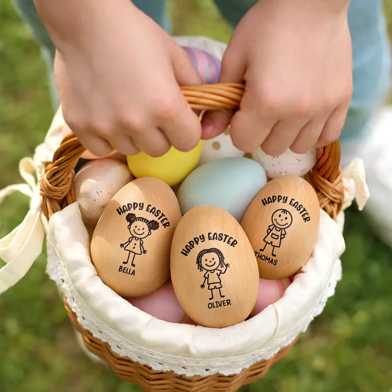 Personalized Happy Easter Kids Stick Figure Musical Wooden Easter Egg Shaker Kids Easter Gifts Baby First Easter