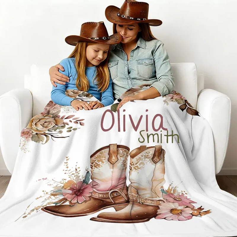 Personalized Floral Cowgirl Boots Western Soft Throw Blanket with Name Home Decor Western Nursery Birthday Gift for Cowgirls Friends Riding Lovers Equestrian Lovers