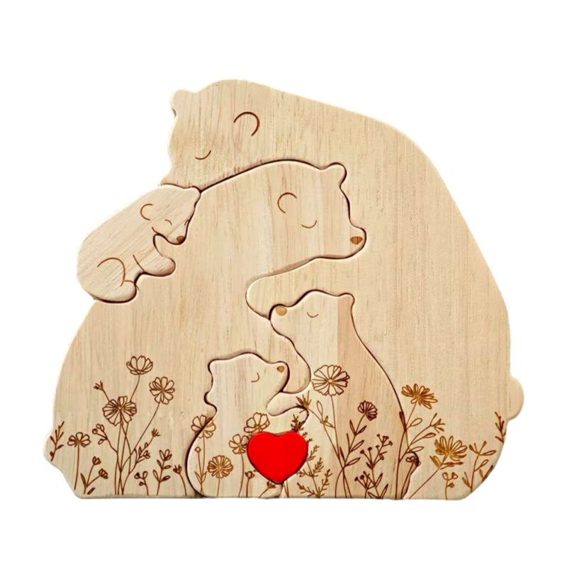 Personalized Wooden Bear Family Puzzle Hugging Bear Family Floral Version Engraved Oak Wood Keepsake with Name Gift for Family