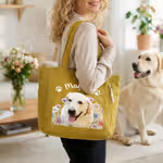 Personalized Birth Flower Pet Photo Large Capacity Corduroy Tote Bag with Name Multi-Compartment Travel Essential Birthday Gift for Women Pet Lovers