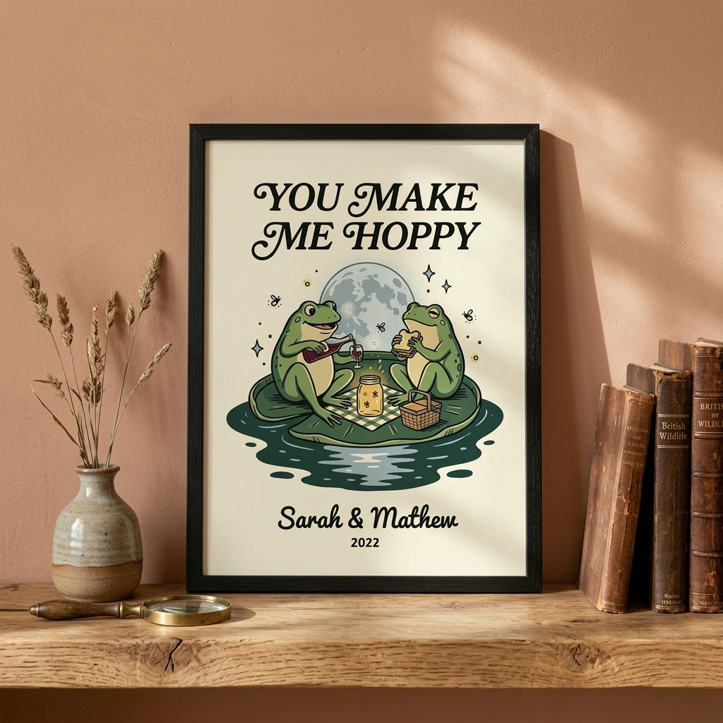 Personalized You Make Me Hoppy Frog Couple Wall Art Couple Canvas Frog Print Poster Romantic Love You Longer Wall Decor Anniversary  Gift Couple Frog Home Decor