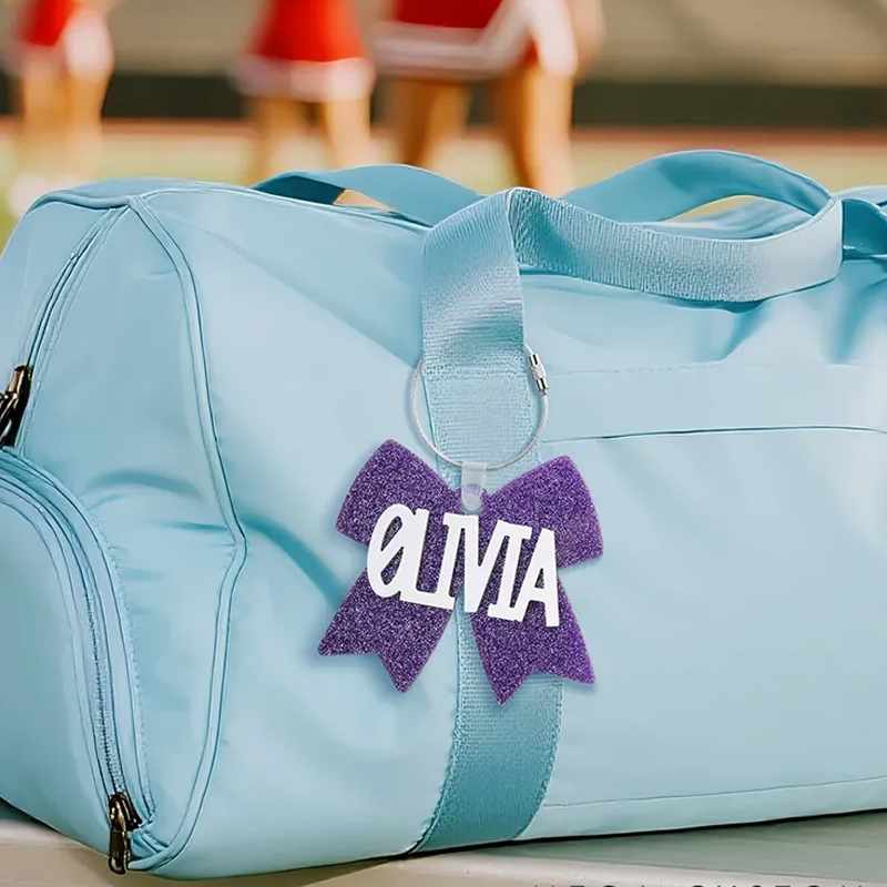Personalized Cheerleading Glitter Bow Keychains with Custom Name Design