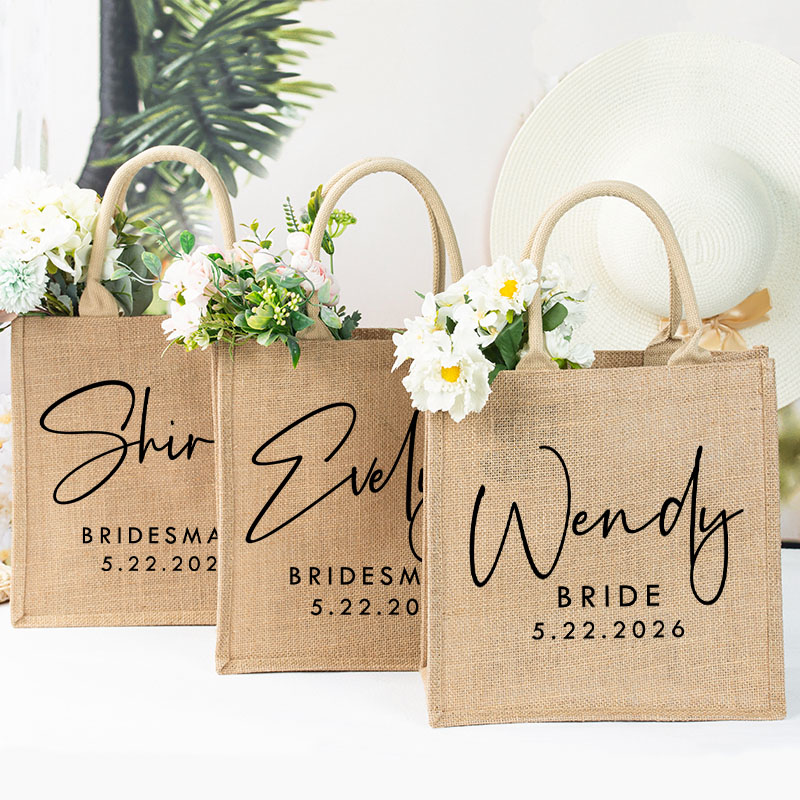 Personalized Minimalist Bridesmaid Burlap Tote Bag Custom Bride Name Jute Tote Bag Wedding Date Beach Bag Bachelorette Party Favors Bridal Shower Gift