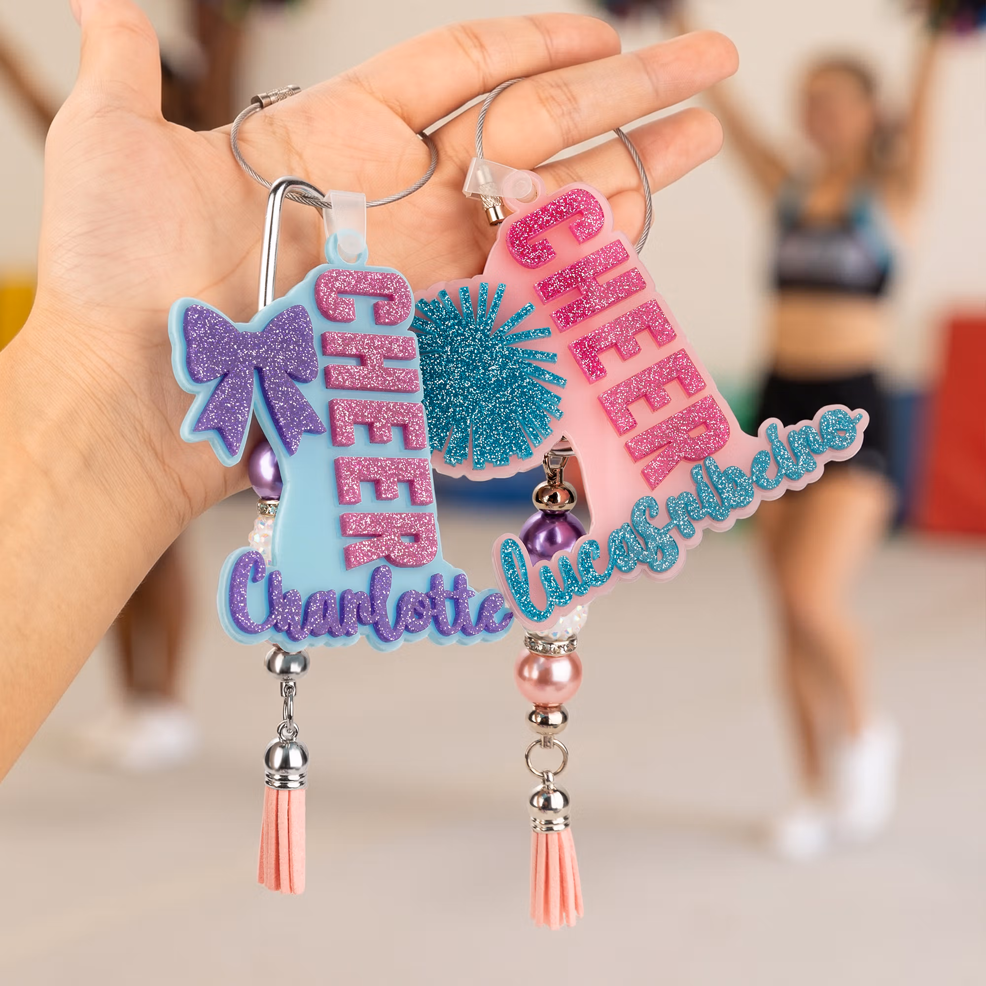 Personalized Glitter Bow Ribbon Cheering Horns Charm Keychain with Name and Tassel Sports Team Birthday Gift for Cheerleader