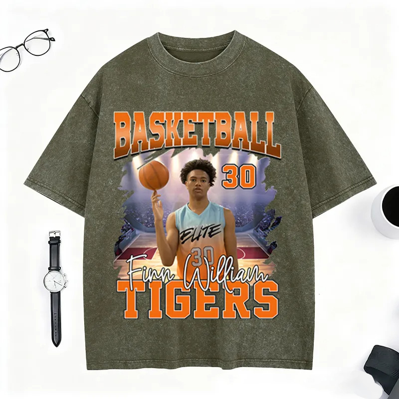 Personalized Basketball Washed T-Shirt Featuring Custom Photo and Team Design