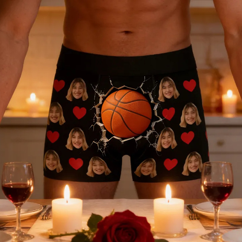 Personalized 3D Funny Basketball Boxer Shorts with Custom Photo andRomantic Heart Graphics Valentine's Day Gift for Men