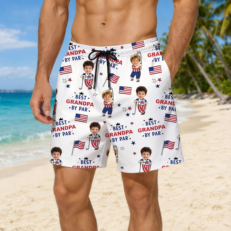 Personalized Golf Shorts Custom Photo Best Dad By Par Funny Kid 250th Anniversary US Flag