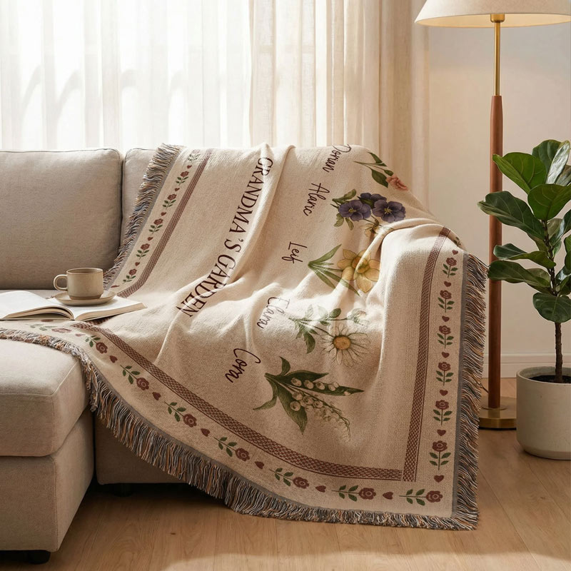 Personalized Retro Birth Flower Grandma's Garden Tassel Soft Throw Blanket with Names and Title Mother's Day Birthday Gift for Grandma Family