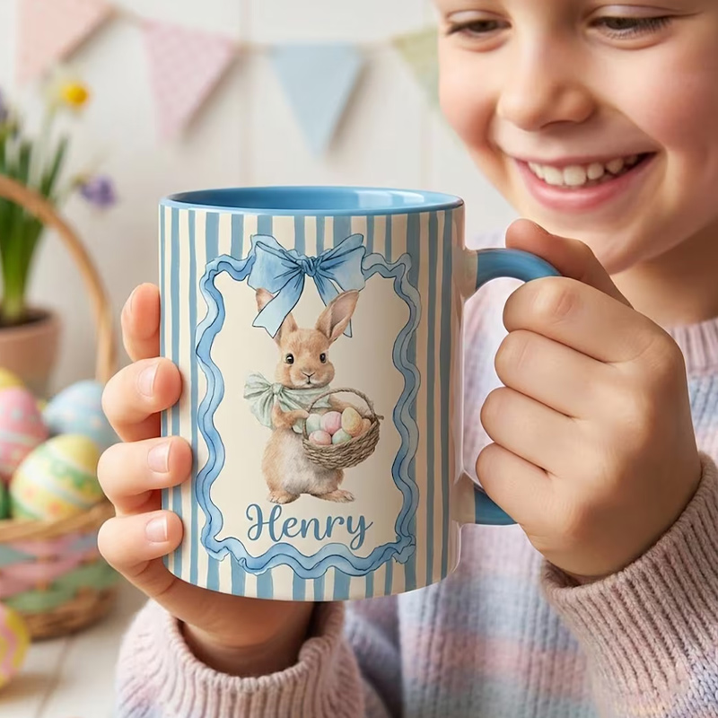 Personalized Cute Easter Egg Bunny 11 oz Accent Mug Custom Name Accent Mug Kids Spring Gift