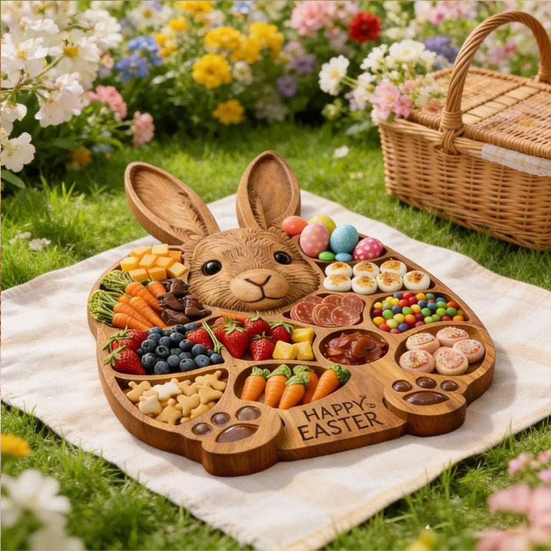Easter Bunny Wooden Charcuterie Board Cute Rabbit-Shaped Serving Tray with Compartments Handmade Rabbit Serving Tray Easter Gift