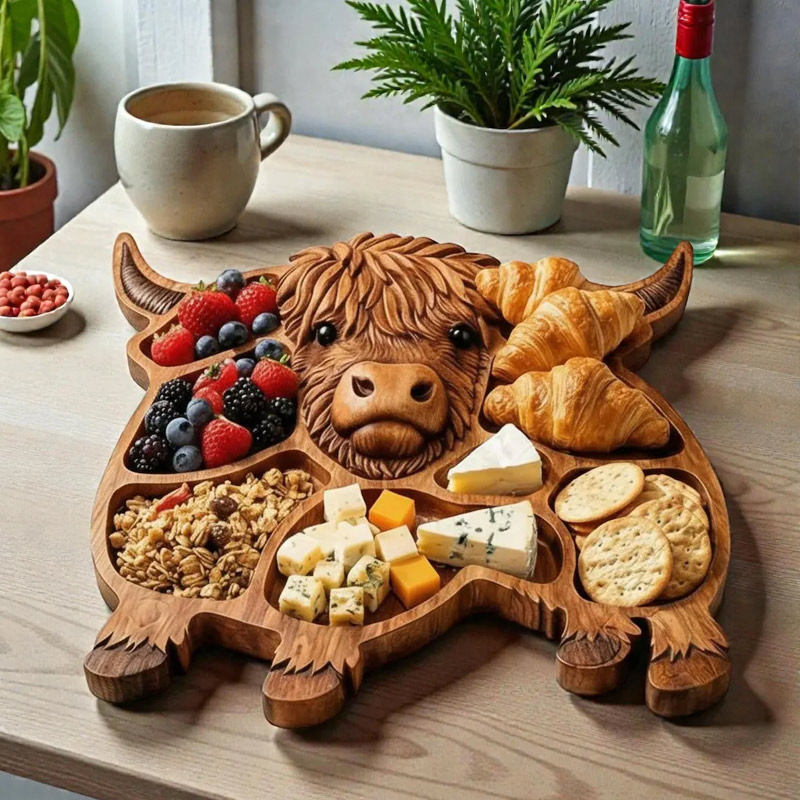 Highland Cow Wooden Charcuterie Board Rustic Farmhouse Appetizer Platter Cheese Serving Board