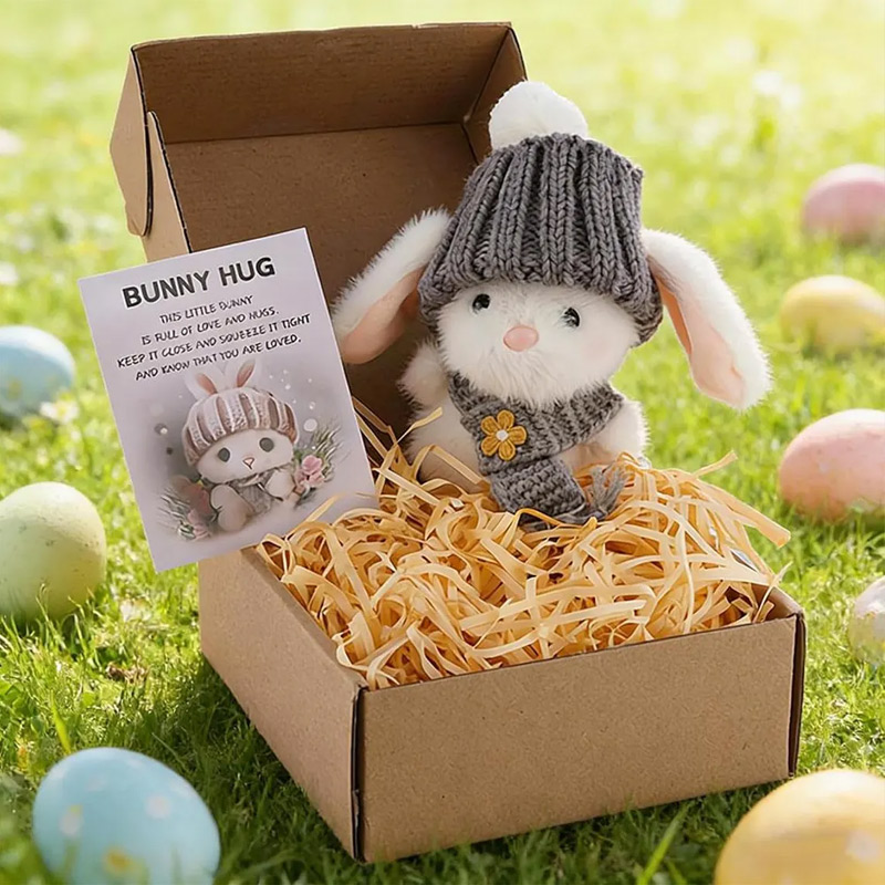Mini Plush Bunny with Knitted Hat Mini Bunny Easter Gift Box Handmade Crochet Rabbit Plush Easter Gift