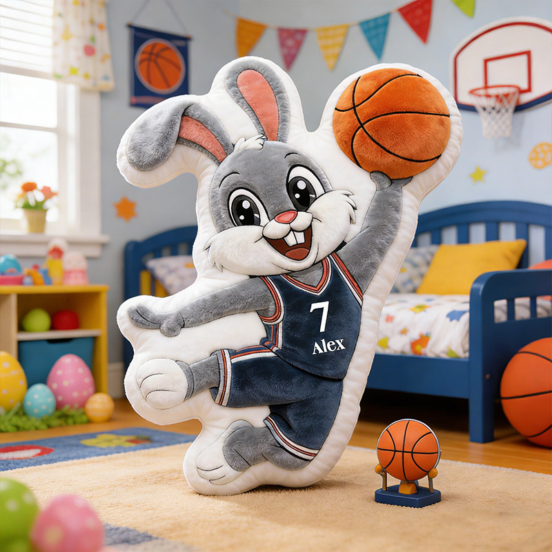 Personalized Basketball Bunny Pillow Easter Bunny Basketball Playing Rabbit with Custom Name and Number
