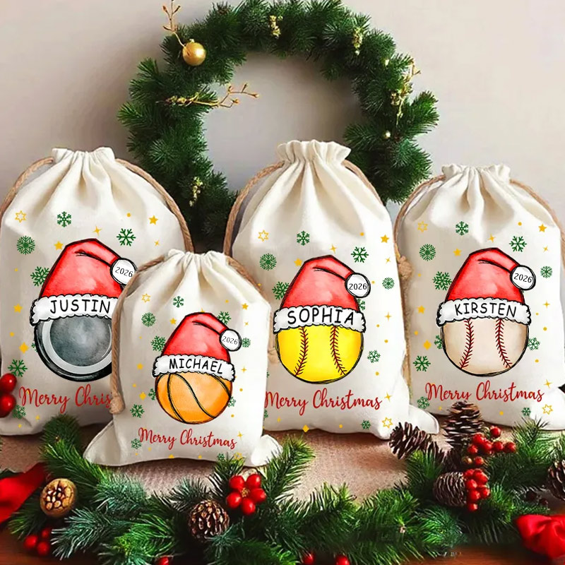 Personalized Merry Christmas Sack with Sports Ball and Custom Name and Year  