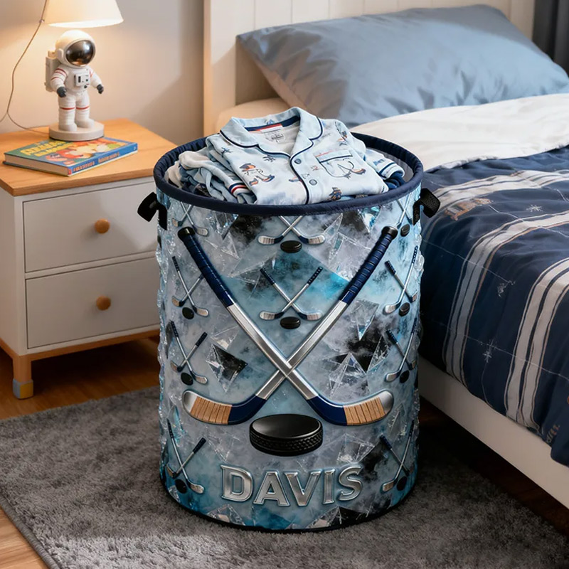 Personalized Ice Hockey Storage Basket with Custom Name and Crossed Sticks Design for Fans and Athletes