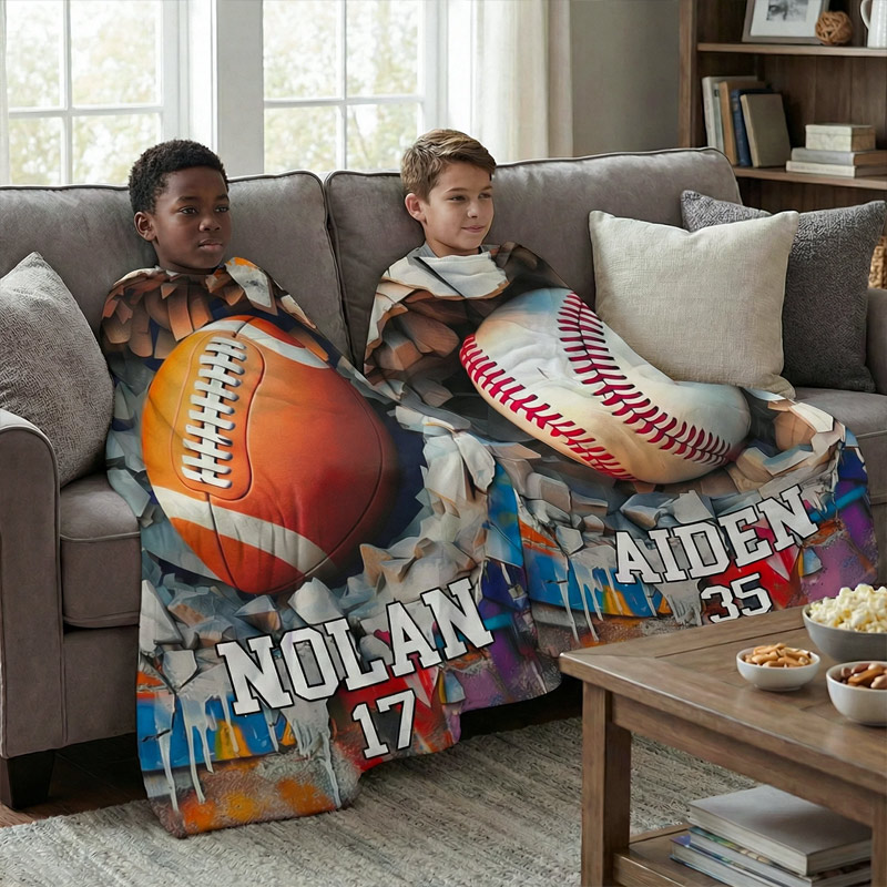 Personalized Sportball Design Throw Blanket with Name and Number Home Decor Birthday Gift for Sport Lovers