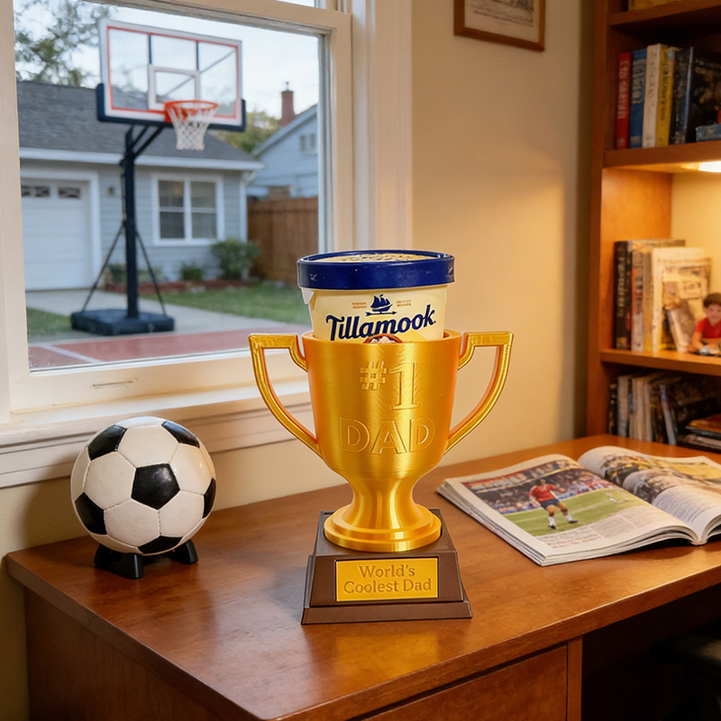 Personalized Champs Trophy Ice Cream Pint Holder Sports Golden Trophy with Custom Text and Number Gift for Dad