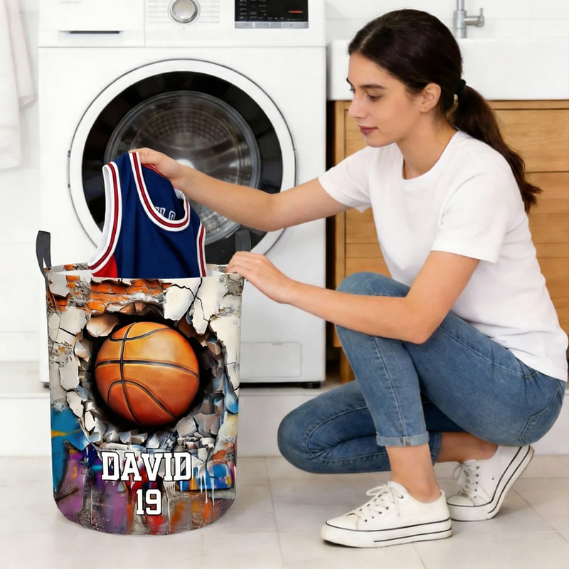Personalized Sports Ball Design Waterproof Storage Laundry Basket with Handle and Number Name Birthday Housewarming Gift for Ball Sports Lovers
