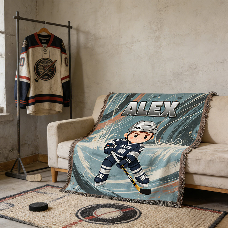 Personalized Hockey Woven Blanket Ice Hockey Player with Custom Name and Number Perfect Gift for Hockey Enthusiasts