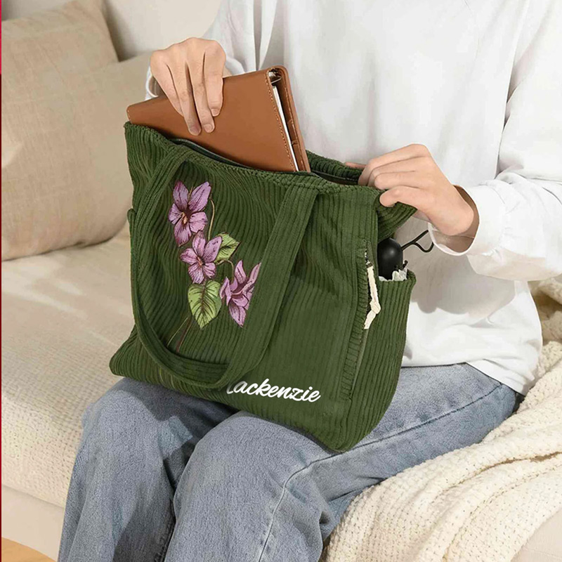 Personalized Birth Flower Corduroy Large Capacity Tote Bag with Name Daily Use Birthday Gift for Women