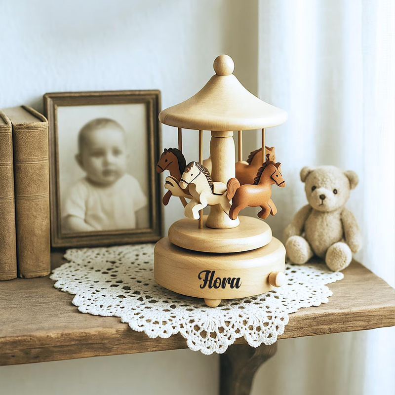 Personalized Wooden Carousel Music Box Newborn Baby Keepsake Mother's Day Gift