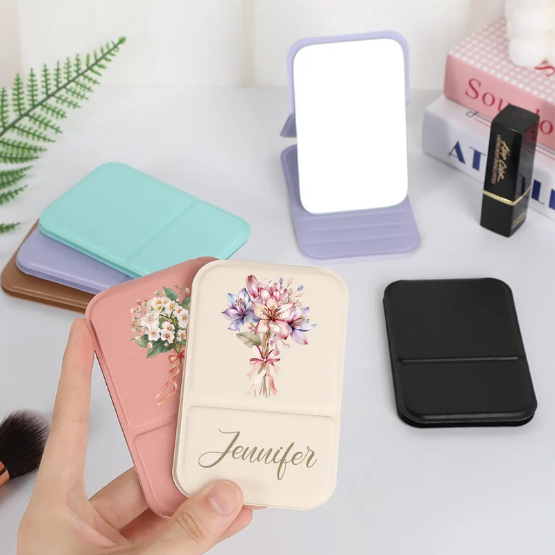 Personalized Square Makeup Mirror Pocket Mirror with Custom Name and Flowers Mother's Day Gift for Her