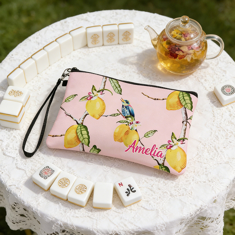 Personalized Mahjong Name Linen Handbag Pink Bird and Lemon with Zipper and Wrist Strap Gift for Mahjong Lovers