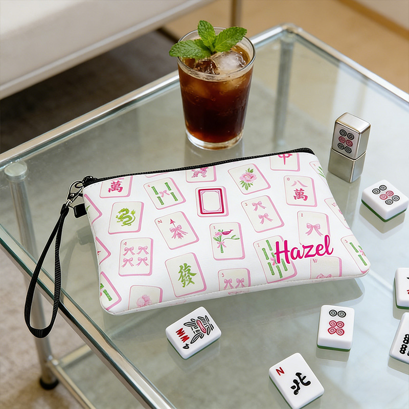 Personalized Mahjong Name Linen Handbag Pink Bow with Zipper and Wrist Strap Gift for Mahjong Lovers