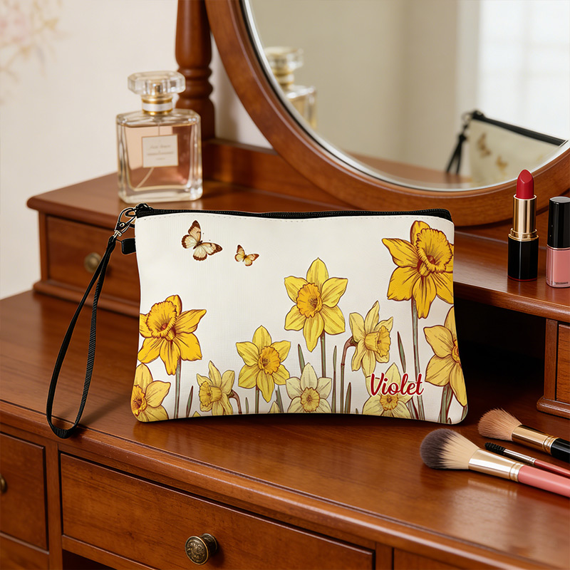 Personalized Name Linen Handbag Mother's Day Birthday Flowers with Zipper and Wrist Strap Gift for Mom