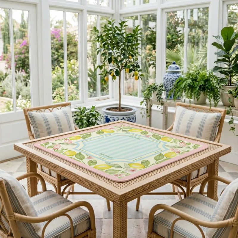 Lemon Blossoms and Blue Stripes Mahjong Mat Non-Slip Neoprene Game Mat for Mahjong Lovers