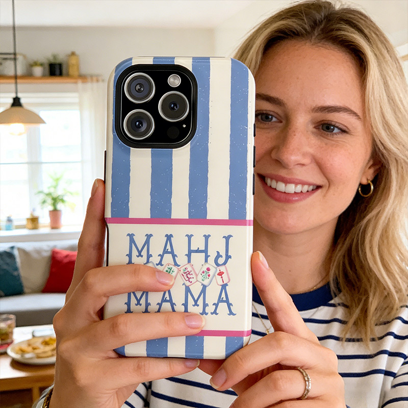 Mahjong Iphone Case Blue Stripes Mahjong Mama Design Shockproof Cover Mahjong Lover