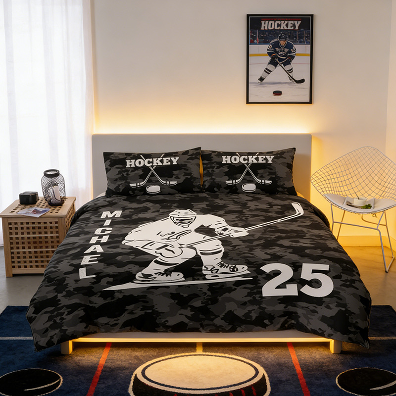 Personalized Hockey Player Bedding Set with Custom Name and Number Hockey Lovers Gift for Him