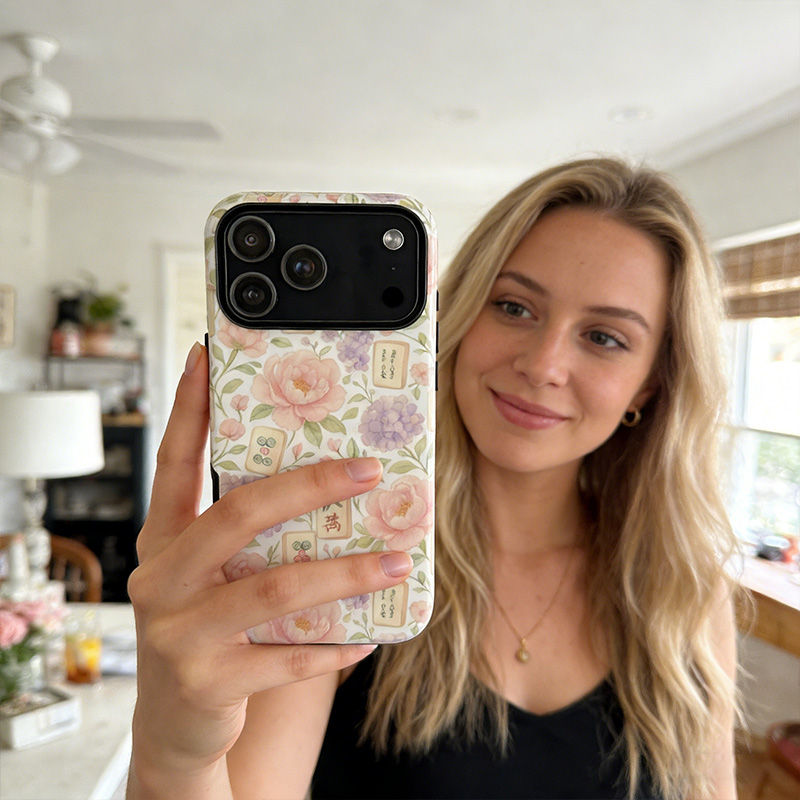 Mahjong Phone Case Watercolor Floral Pastel Peony Mahjong Tile Design for Mahjong Lovers