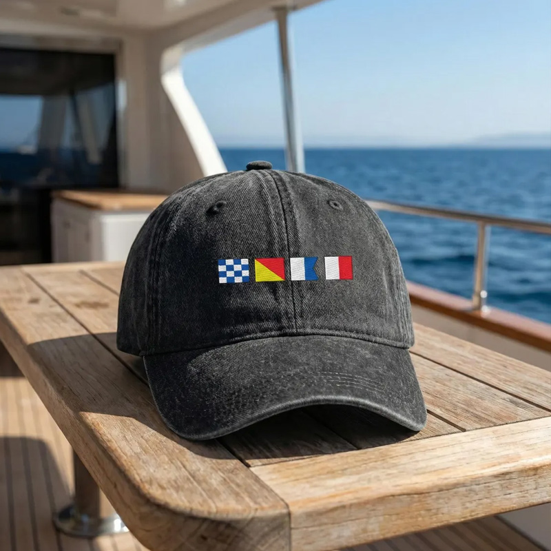 Personalized Distressed Denim Cap Custom Name In Nautical Flags Sailing Gift For Maritime Dad Captain