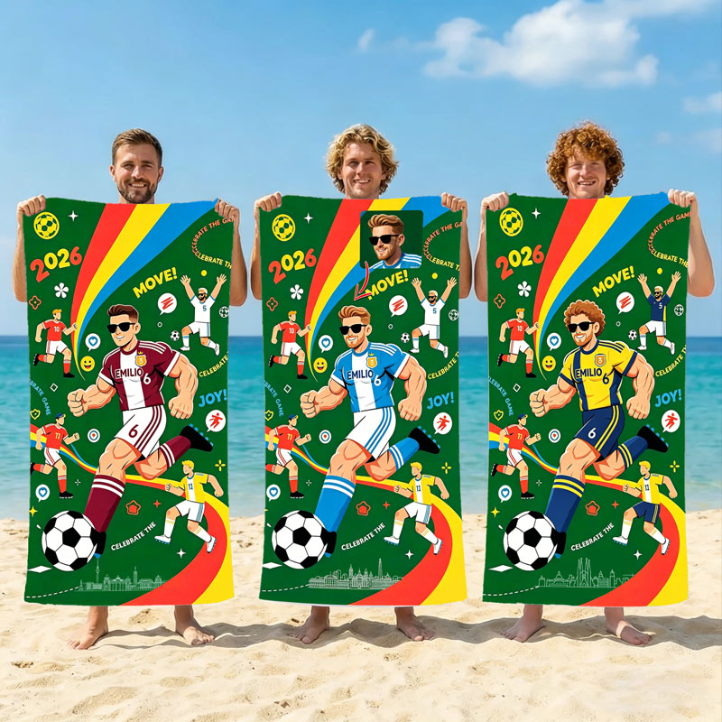 Personalized Cartoon Football Player Print Beach Towel 2026 Quick-Dry Oversized Bath Towel Custom Name Number for Soccer Fans Summer Travel