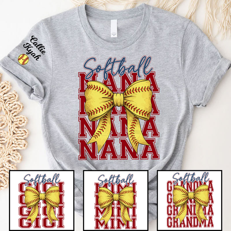Personalized Bow Tie Baseball Softball Mama T-Shirt Customized with Names Gift for Baseball and Softball Moms and Grandmas
