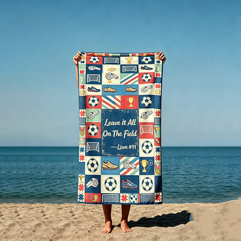 Personalized Soccer World Cup Beach Towel Custom Name and Number Quick Dry Microfiber Football Fan Towel