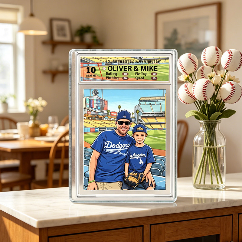 Personalized Acrylic Plaque Card Ratings Cute Anime Style Photo I Caught The Best Dad Baseball Dad Father's Day Gift 