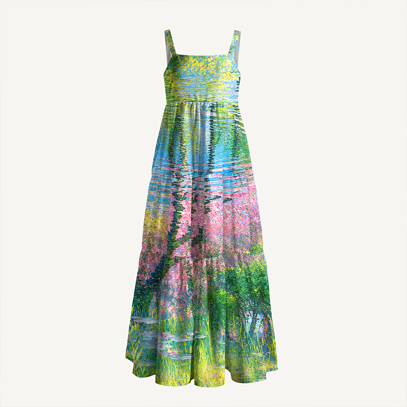 Oil painting Of Natural View Green Floral Maxi Dress