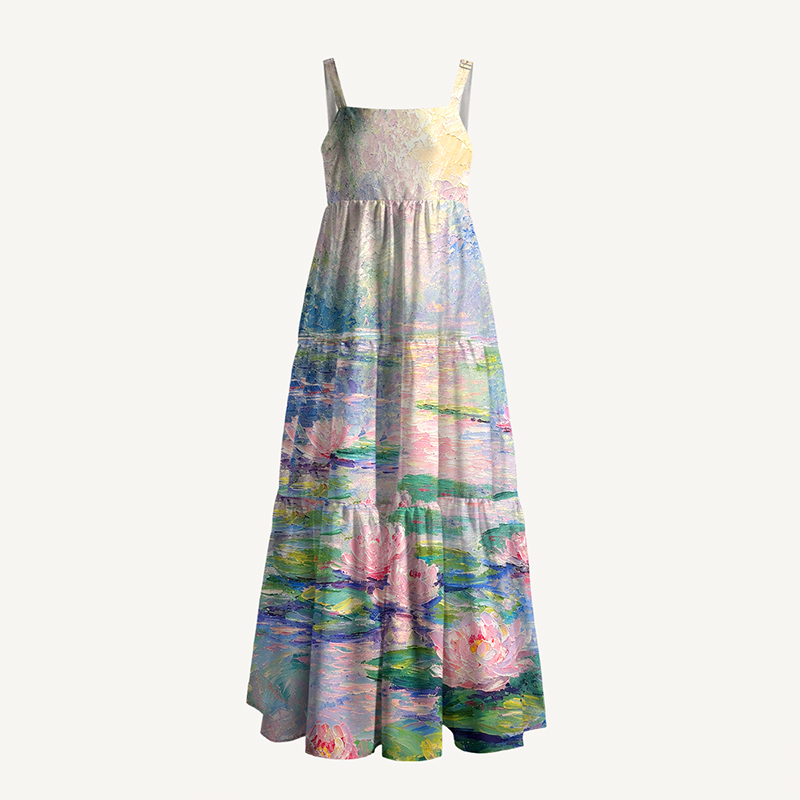 Oil Painting Water Lily Printed Maxi Dress