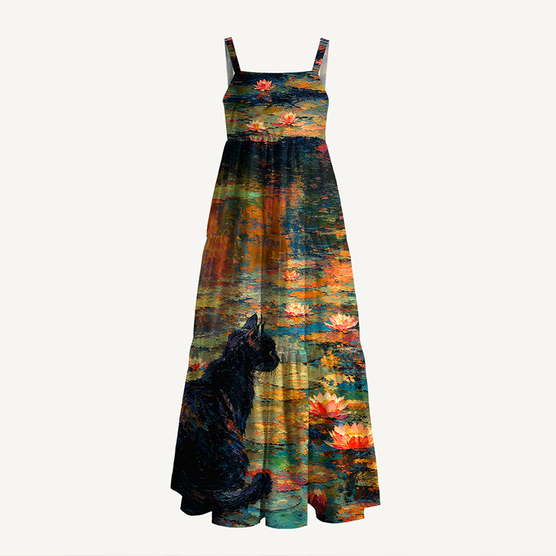 Oil Painting Black Cat Water Lily Impressionist Maxi Dress
